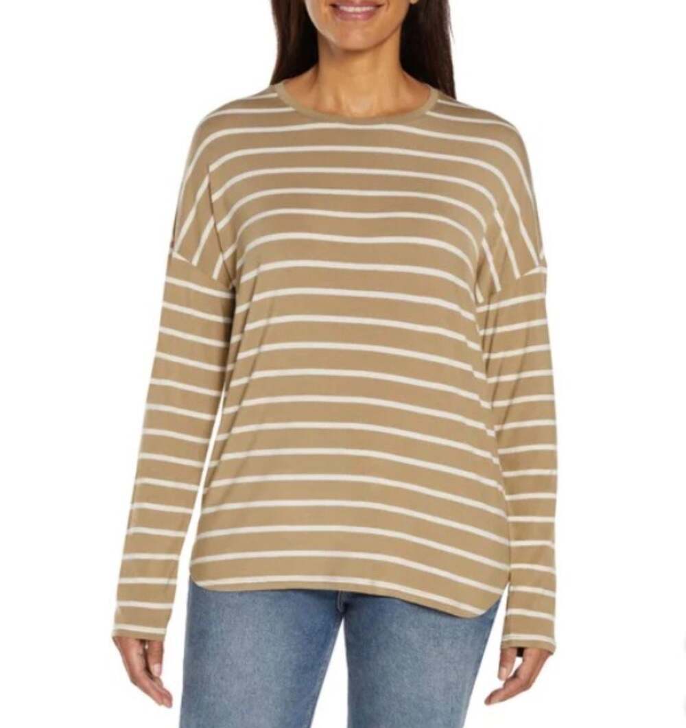 GAP Luxe Striped Long Sleeve Crew Tee - Tan and White Size Medium
